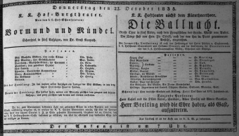 Theaterzettel (Oper und Burgtheater in Wien) 18351022 Seite: 1