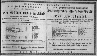 Theaterzettel (Oper und Burgtheater in Wien) 18351204 Seite: 1