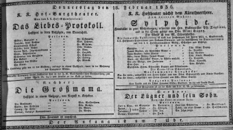 Theaterzettel (Oper und Burgtheater in Wien) 18360218 Seite: 1