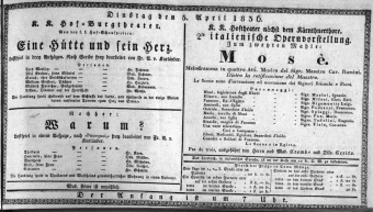 Theaterzettel (Oper und Burgtheater in Wien) 18360405 Seite: 1