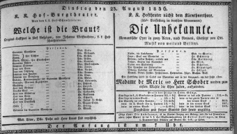 Theaterzettel (Oper und Burgtheater in Wien) 18360823 Seite: 1