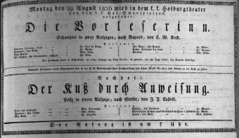 Theaterzettel (Oper und Burgtheater in Wien) 18360829 Seite: 1
