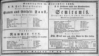 Theaterzettel (Oper und Burgtheater in Wien) 18360910 Seite: 1