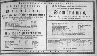 Theaterzettel (Oper und Burgtheater in Wien) 18360922 Seite: 1