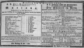 Theaterzettel (Oper und Burgtheater in Wien) 18361004 Seite: 1