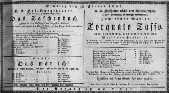 Theaterzettel (Oper und Burgtheater in Wien) 18370110 Seite: 1