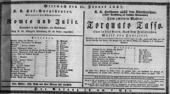 Theaterzettel (Oper und Burgtheater in Wien) 18370111 Seite: 1