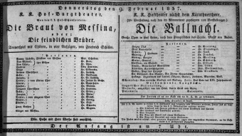 Theaterzettel (Oper und Burgtheater in Wien) 18370209 Seite: 1