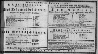 Theaterzettel (Oper und Burgtheater in Wien) 18370213 Seite: 1