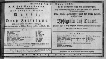 Theaterzettel (Oper und Burgtheater in Wien) 18370327 Seite: 1
