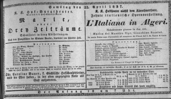 Theaterzettel (Oper und Burgtheater in Wien) 18370422 Seite: 1