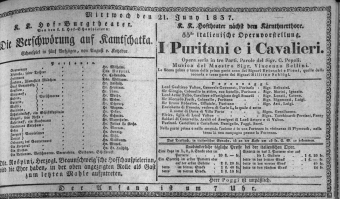 Theaterzettel (Oper und Burgtheater in Wien) 18370621 Seite: 1