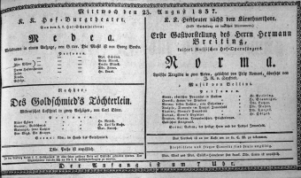 Theaterzettel (Oper und Burgtheater in Wien) 18370823 Seite: 1