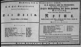 Theaterzettel (Oper und Burgtheater in Wien) 18370902 Seite: 1