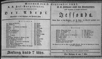 Theaterzettel (Oper und Burgtheater in Wien) 18370906 Seite: 1