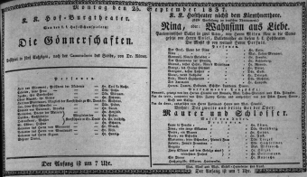 Theaterzettel (Oper und Burgtheater in Wien) 18370925 Seite: 1