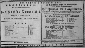 Theaterzettel (Oper und Burgtheater in Wien) 18371108 Seite: 1