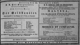 Theaterzettel (Oper und Burgtheater in Wien) 18371110 Seite: 1
