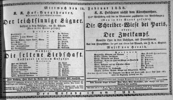 Theaterzettel (Oper und Burgtheater in Wien) 18380214 Seite: 1
