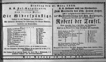 Theaterzettel (Oper und Burgtheater in Wien) 18380327 Seite: 1