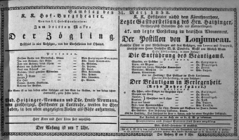 Theaterzettel (Oper und Burgtheater in Wien) 18380331 Seite: 1