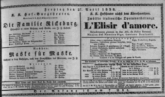 Theaterzettel (Oper und Burgtheater in Wien) 18380427 Seite: 1