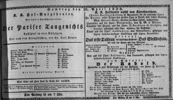 Theaterzettel (Oper und Burgtheater in Wien) 18380428 Seite: 1