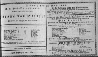 Theaterzettel (Oper und Burgtheater in Wien) 18380522 Seite: 1