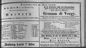 Theaterzettel (Oper und Burgtheater in Wien) 18380529 Seite: 1