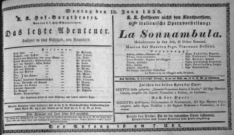 Theaterzettel (Oper und Burgtheater in Wien) 18380618 Seite: 1