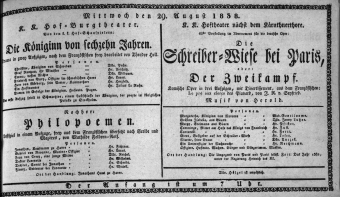 Theaterzettel (Oper und Burgtheater in Wien) 18380829 Seite: 1