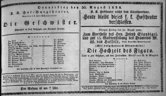 Theaterzettel (Oper und Burgtheater in Wien) 18380830 Seite: 1