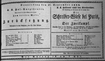 Theaterzettel (Oper und Burgtheater in Wien) 18380927 Seite: 1
