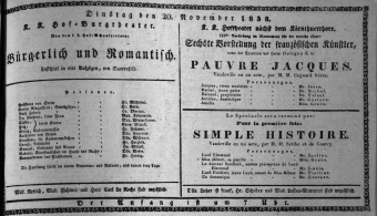 Theaterzettel (Oper und Burgtheater in Wien) 18381120 Seite: 1