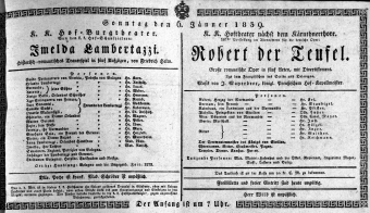 Theaterzettel (Oper und Burgtheater in Wien) 18390106 Seite: 1