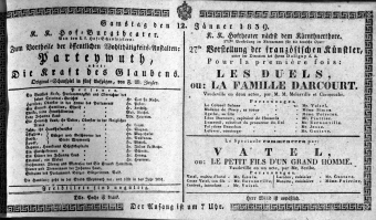 Theaterzettel (Oper und Burgtheater in Wien) 18390112 Seite: 1