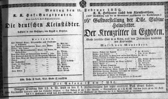 Theaterzettel (Oper und Burgtheater in Wien) 18390211 Seite: 1