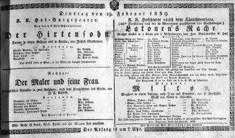 Theaterzettel (Oper und Burgtheater in Wien) 18390219 Seite: 1
