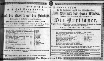 Theaterzettel (Oper und Burgtheater in Wien) 18390220 Seite: 1