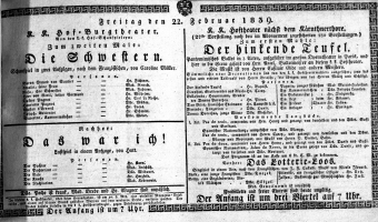 Theaterzettel (Oper und Burgtheater in Wien) 18390222 Seite: 1