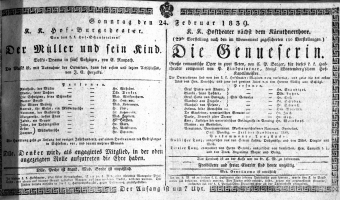 Theaterzettel (Oper und Burgtheater in Wien) 18390224 Seite: 1