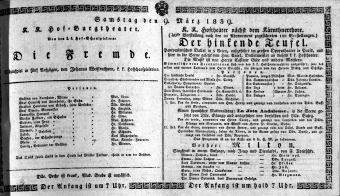 Theaterzettel (Oper und Burgtheater in Wien) 18390309 Seite: 1