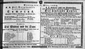 Theaterzettel (Oper und Burgtheater in Wien) 18390311 Seite: 1