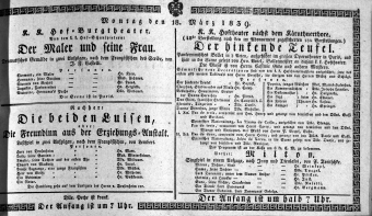 Theaterzettel (Oper und Burgtheater in Wien) 18390318 Seite: 1