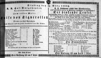 Theaterzettel (Oper und Burgtheater in Wien) 18390319 Seite: 1