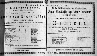 Theaterzettel (Oper und Burgtheater in Wien) 18390320 Seite: 1