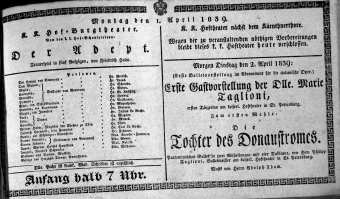 Theaterzettel (Oper und Burgtheater in Wien) 18390401 Seite: 1