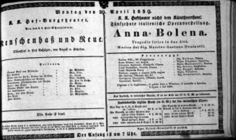 Theaterzettel (Oper und Burgtheater in Wien) 18390429 Seite: 1