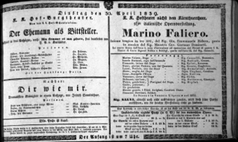 Theaterzettel (Oper und Burgtheater in Wien) 18390430 Seite: 1