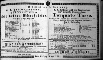 Theaterzettel (Oper und Burgtheater in Wien) 18390508 Seite: 1